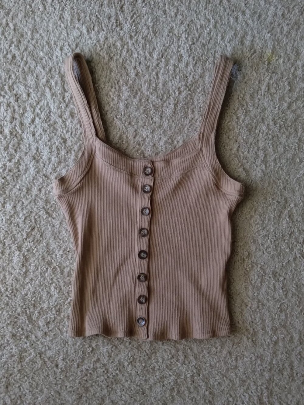Free People Tan Ribbed Knit Button Front Cotton Blend Tank Top Size Medium